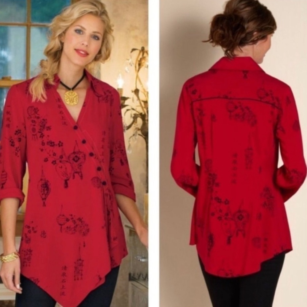 Soft Surroundings Pagoda Shirt Red Black French Knot Buttons Size S.